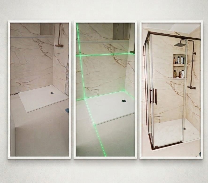 Secuencia de una reforma de baño: base de ducha, nivelación láser y ducha acristalada terminada
